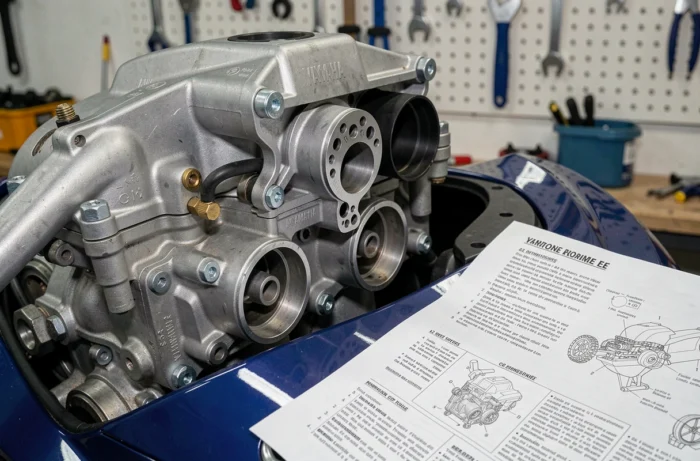 Détail du kit de bridage installé sur le moteur d'une Yamaha R6 pour conformité permis A2