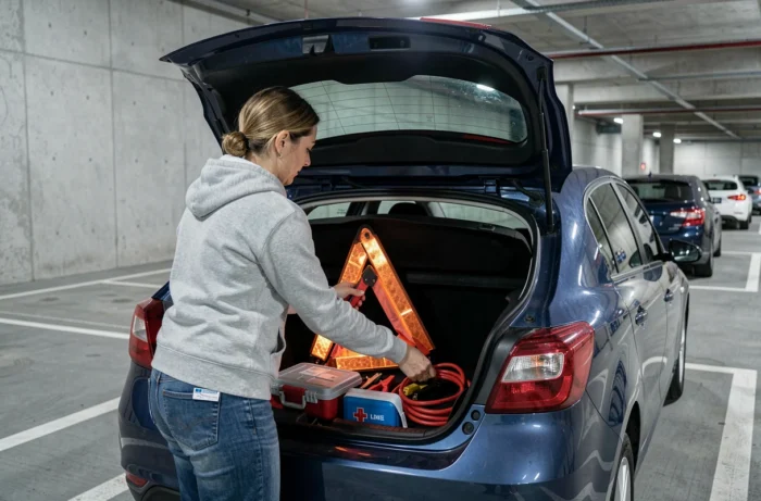Femme organisant un kit d'urgence automobile dans le coffre d'une citadine bleue dans un parking urbain