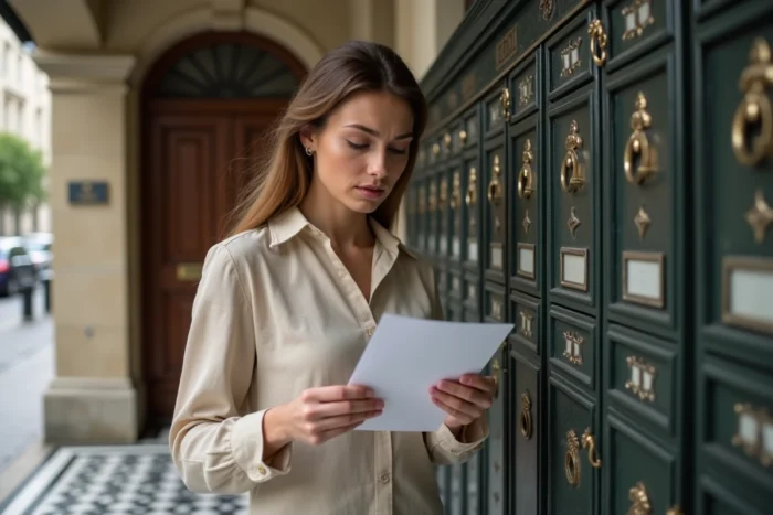 Jeune femme lisant un courrier officiel dans le hall d'un immeuble parisien haussmannien près des boîtes aux lettres