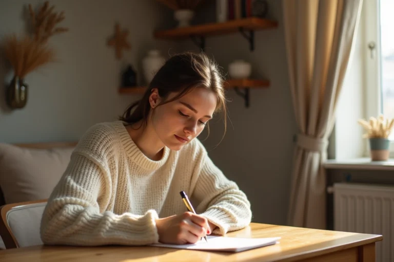 Jeune femme écrivant une lettre personnalisée à la main pour la mariée, assise à un bureau en bois avec de la papeterie crème et un stylo plume vintage