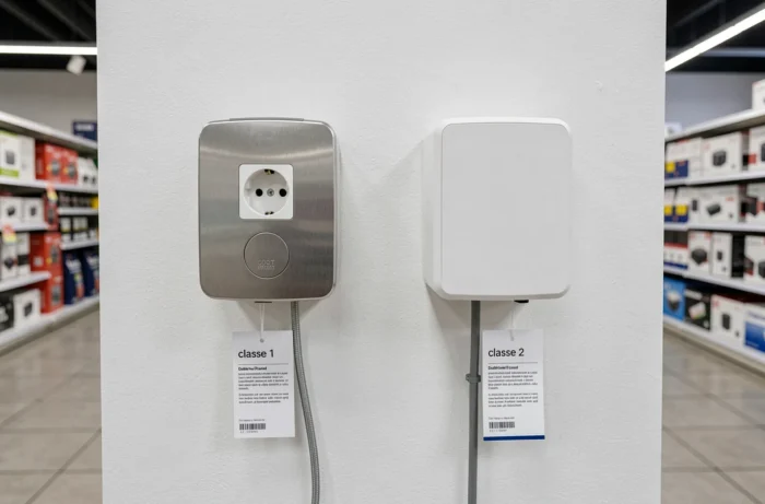 Comparaison côte à côte d'un luminaire classe 1 avec mise à la terre et d'un luminaire classe 2 à double isolation