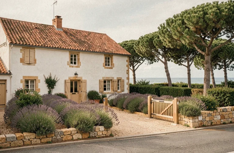 Maison traditionnelle vendéenne en pierre blanche avec jardin côtier à vendre près de la mer en Vendée