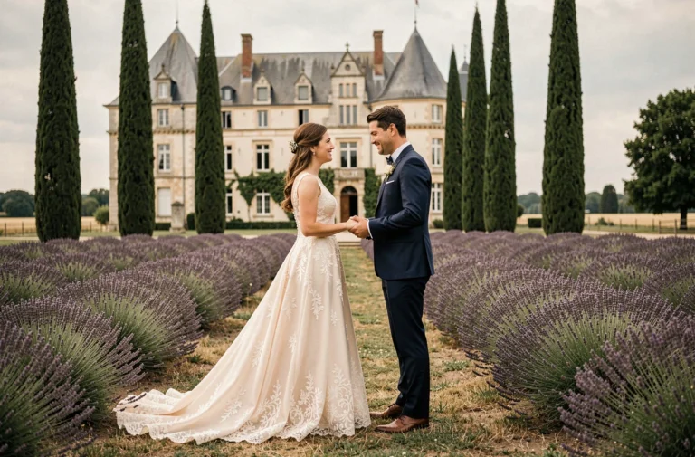 Mariés échangeant leurs vœux devant un château français entouré de champs de lavande lors d'un mariage en plein air