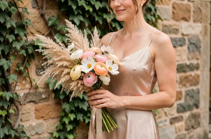 Mariée tenant un bouquet de fleurs séchées et de renoncules devant un mur en pierre d'une ferme rustique pour un mariage champêtre authentique