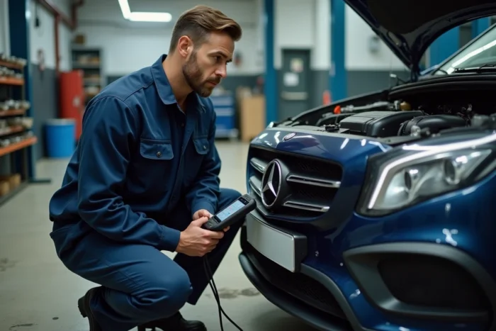 Mécanicien utilisant un scanner OBD pour diagnostiquer le voyant moteur allumé