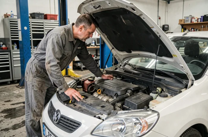 Mécanicien inspectant le moteur d'une voiture dans un garage automobile professionnel pour un entretien complet