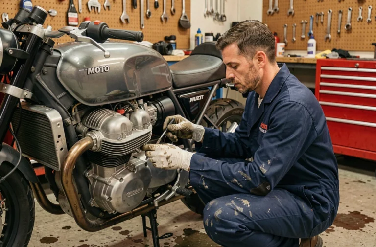 Mécanicien inspectant le moteur d'une Moto Guzzi V85 TT dans un atelier pour diagnostiquer un problème de surchauffe