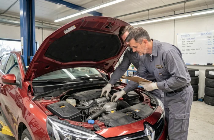 Deux mécaniciens inspectant le moteur d'une Renault Megane pour résoudre une anomalie électronique DTC038061