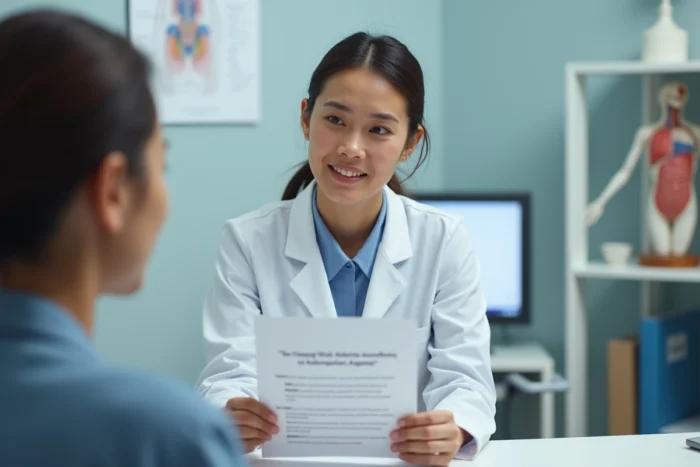 Médecin expliquant les effets secondaires de la deuxième dose du vaccin zona à son patient lors d'une consultation médicale