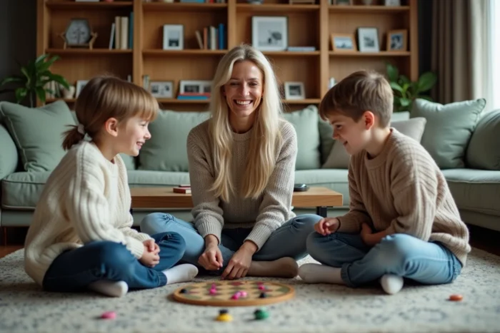 Une mère et ses enfants adolescents jouent à un jeu de société dans un salon convivial