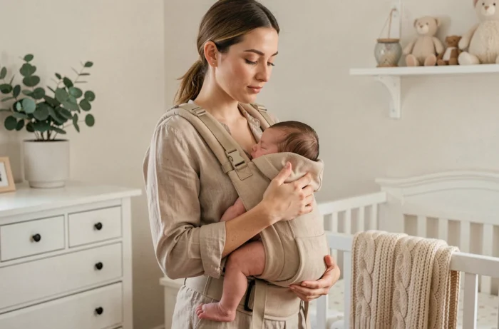 Jeune mère portant son nouveau-né dans un porte-bébé ergonomique moderne dans une chambre de bébé au style scandinave