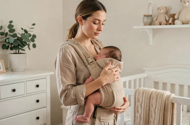 Jeune mère portant son nouveau-né dans un porte-bébé ergonomique moderne dans une chambre de bébé au style scandinave
