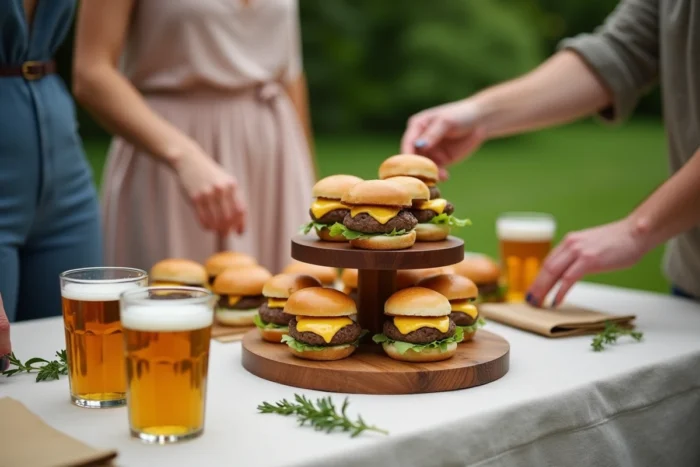 Table d'apéro en plein air avec des mini hamburgers sur présentoir lors d'une garden party estivale