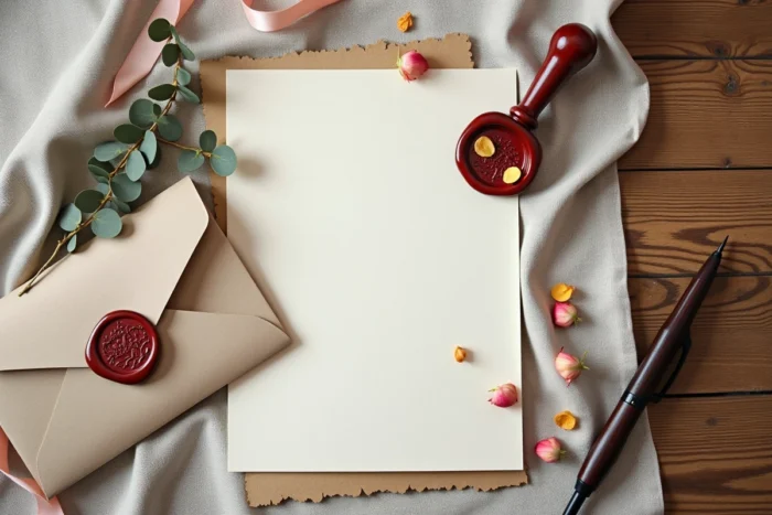 Mise en scène élégante d'une lettre manuscrite pour la mariée avec cachet de cire, pétales de rose séchés et enveloppe nouée d'un ruban sur une table en chêne