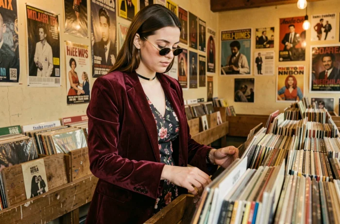 Femme en blazer velours bordeaux et robe à fleurs dans un magasin de disques vintage, mode tendance 1995