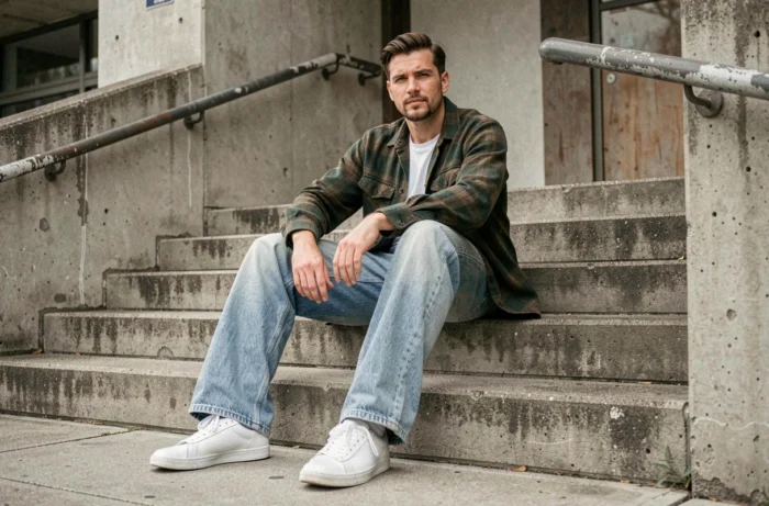 Homme en jean baggy et chemise flanelle à carreaux, tenue masculine tendance années 90, assis sur des marches en béton