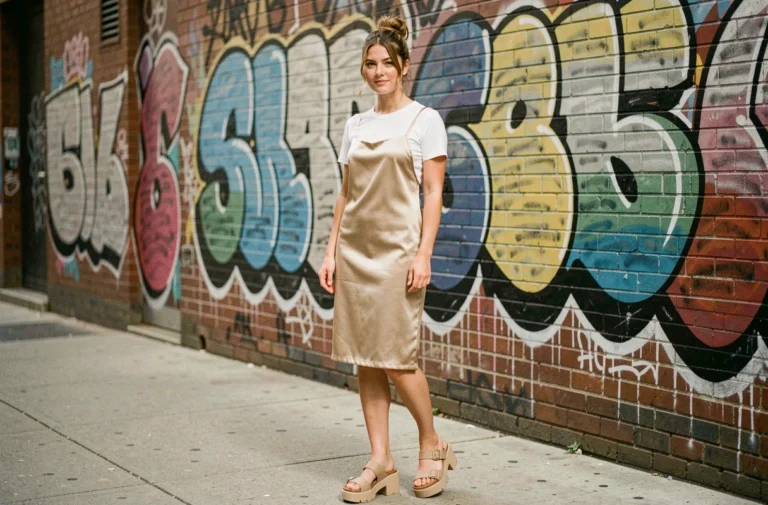 Femme portant une robe nuisette en satin sur t-shirt blanc, style iconique des années 1995, dans une rue urbaine