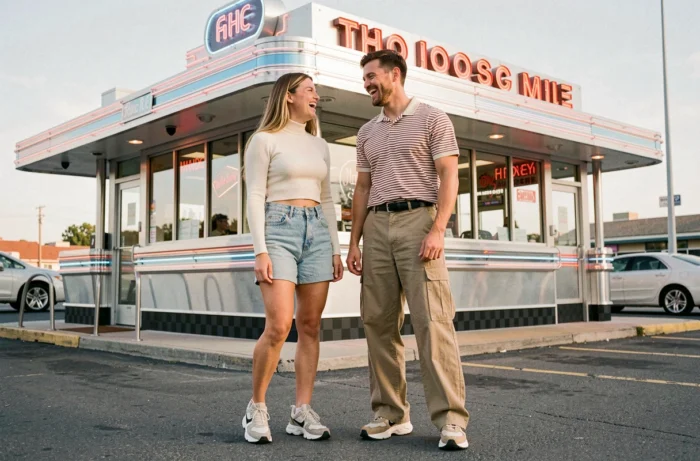 Duo d'amis en tenues streetwear inspirées des années 1995 devant un diner américain vintage, mode grunge et casual
