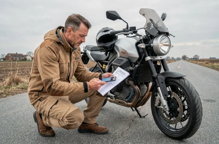 Motard arrêté en bord de route consultant des solutions pour résoudre la surchauffe de sa Moto Guzzi V85 TT