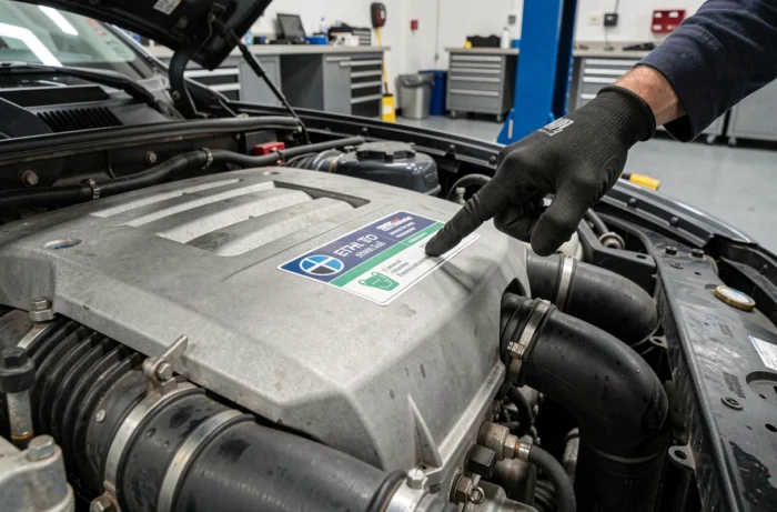 Gros plan sur le compartiment moteur d'une BMW avec l'étiquette de compatibilité carburant E25 visible sous la main d'un mécanicien