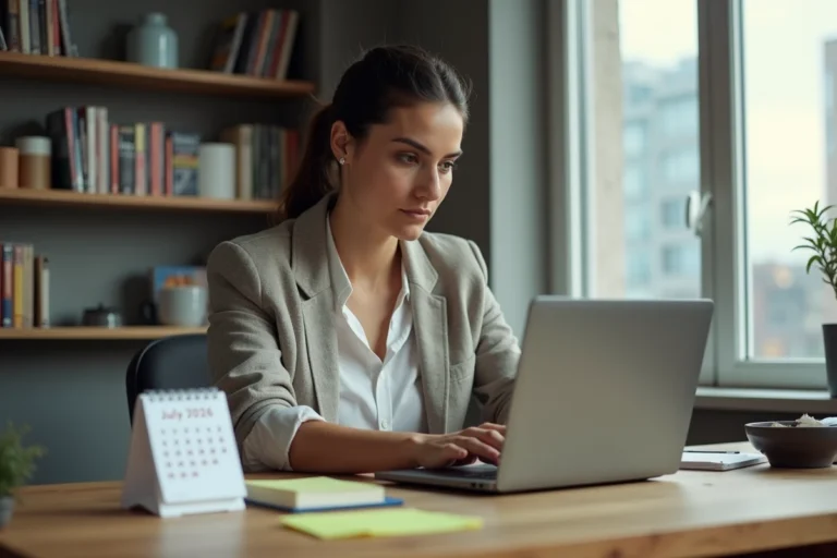 Femme travaillant sur un ordinateur portable dans un bureau moderne avec calendrier juillet 2026, illustrant la nouvelle adresse de 1jour1film