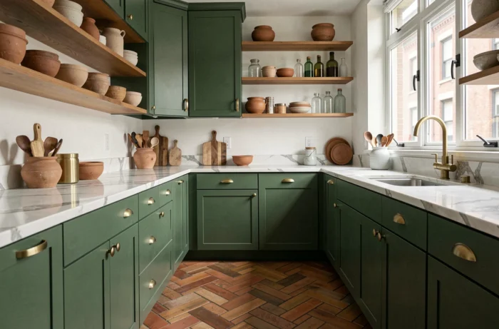 Cuisine moderne tendance avec armoires vert forêt, plan de travail en marbre blanc et robinetterie laiton brossé