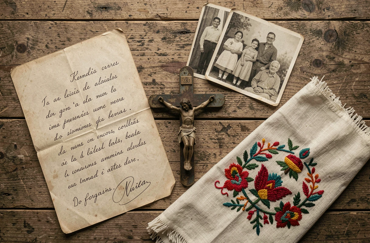 Objets patrimoniaux familiaux latinos, lettres manuscrites et photographies anciennes illustrant les origines et l'héritage familial des parents de Vanessa Bryant