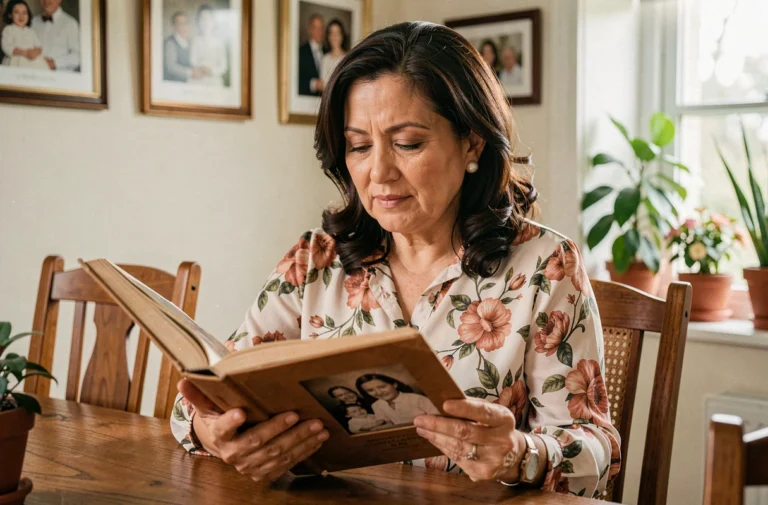Femme latina d'âge mûr feuilletant un album photo de famille ancien, évoquant l'histoire et les origines familiales de Vanessa Bryant