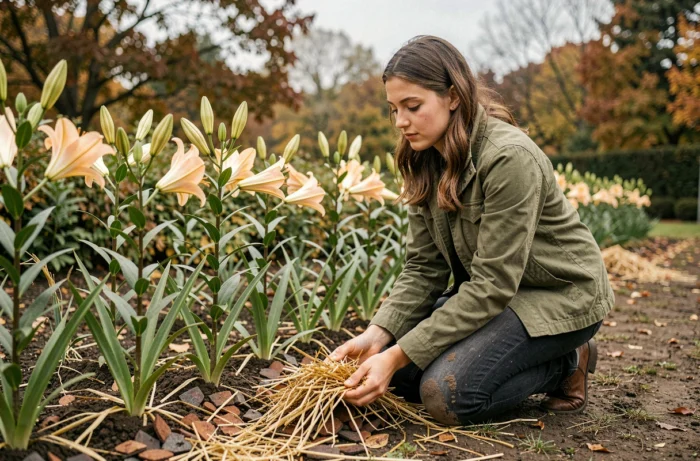 Jeune femme paillant le sol autour de lys taillés dans un jardin en automne