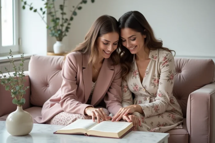 Deux amies partageant une lettre émouvante destinée à la mariée, assises sur un canapé en velours dans un salon élégamment décoré