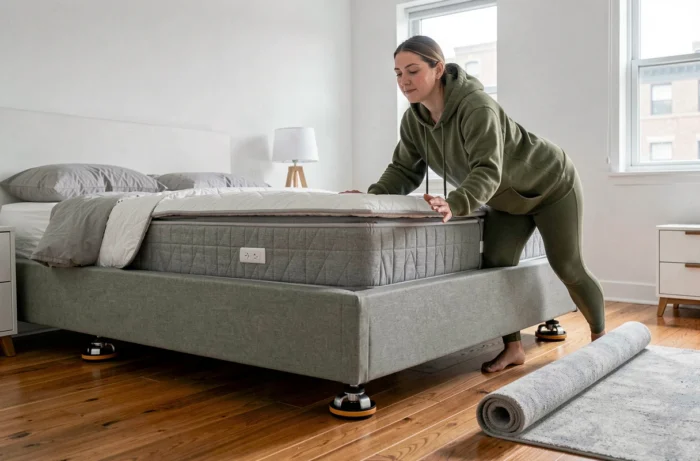 Femme utilisant des patins de déménagement pour faire glisser un sommier tapissé sur un parquet en bois