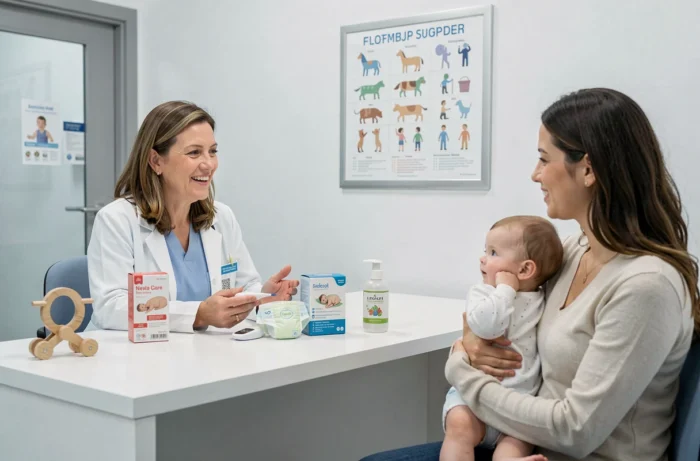 Pédiatre présentant les dernières nouveautés en puériculture à de jeunes parents lors d'une consultation médicale moderne