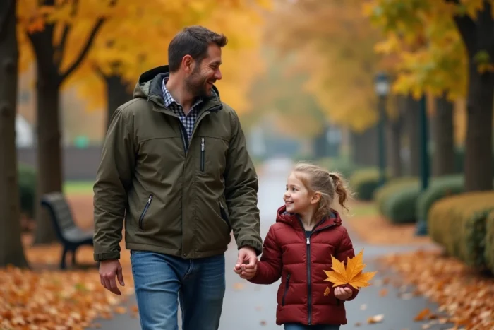 Un père et sa fille se promènent dans un parc en automne parmi les feuilles colorées