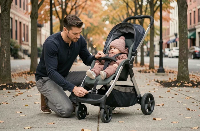 Père examinant une poussette moderne et modulable avec son bébé en combinaison d'hiver sur un trottoir urbain en automne