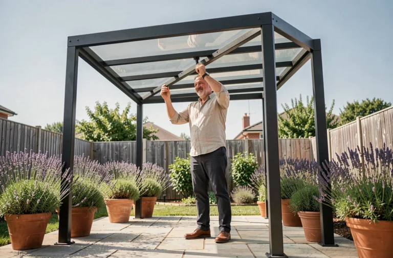 Homme examinant une pergola aluminium 5x4 dans un jardin pavillonnaire avec dallage en pierre et plantes en pot