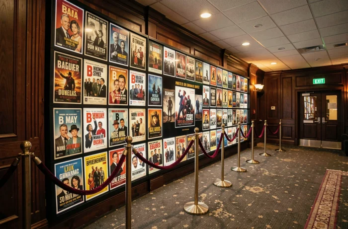 Mur de posters de cinéma représentant des personnages fictifs iconiques commençant par la lettre B dans un hall de cinéma vintage