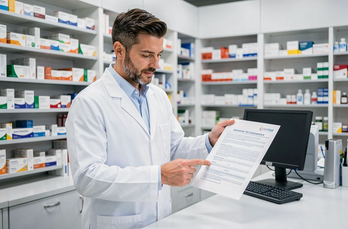 Pharmacien expliquant les risques et précautions liés aux effets secondaires d'un complément visuel comme Memoptic à un client