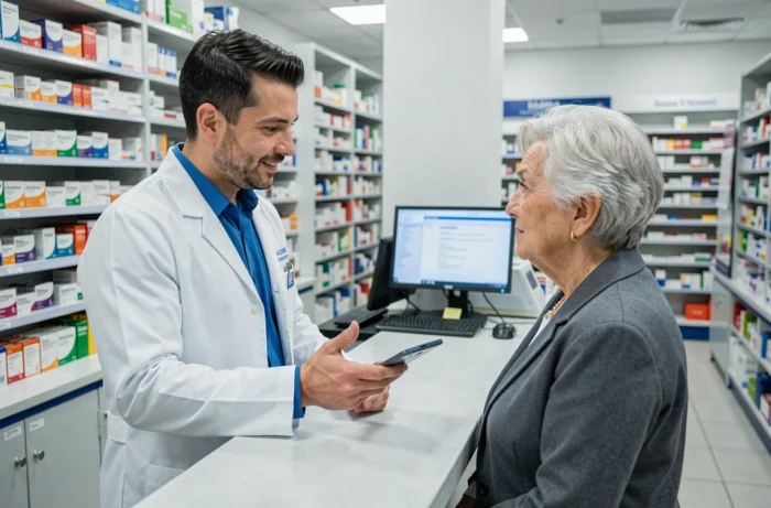 Pharmacien expliquant les remboursements de mutuelle à une cliente âgée en pharmacie