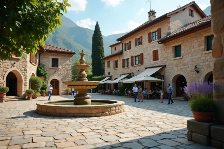 Place du village de Veynes avec fontaine en pierre et architecture alpine traditionnelle