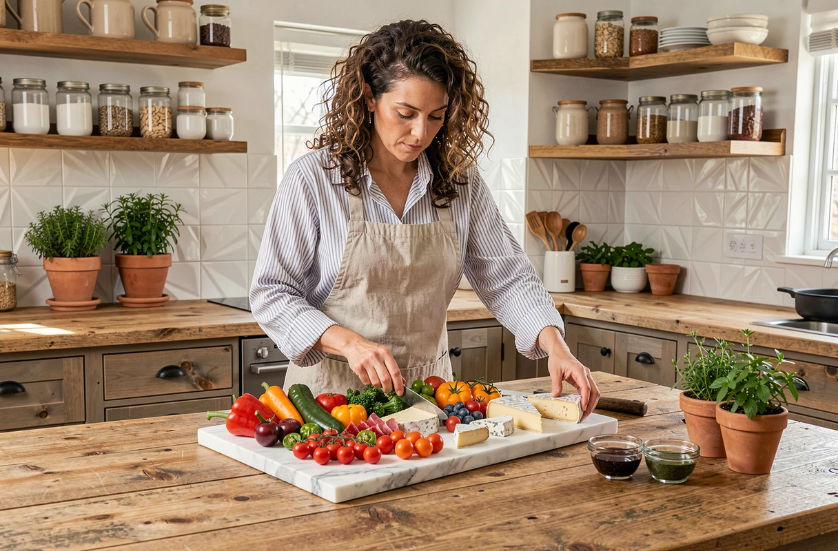 Femme préparant un plateau de charcuterie et fromages artisanaux avec légumes colorés sur un plan de travail en marbre dans une cuisine moderne
