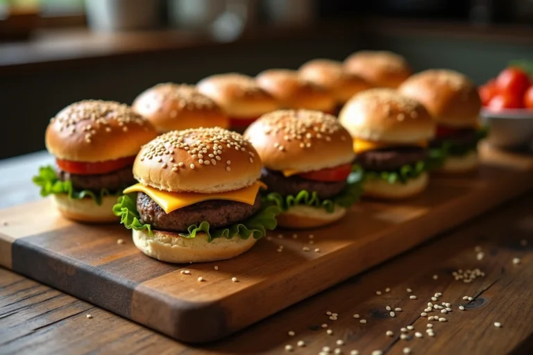 Plateau rustique en bois garni de mini hamburgers maison alignés pour un apéro dinatoire réussi
