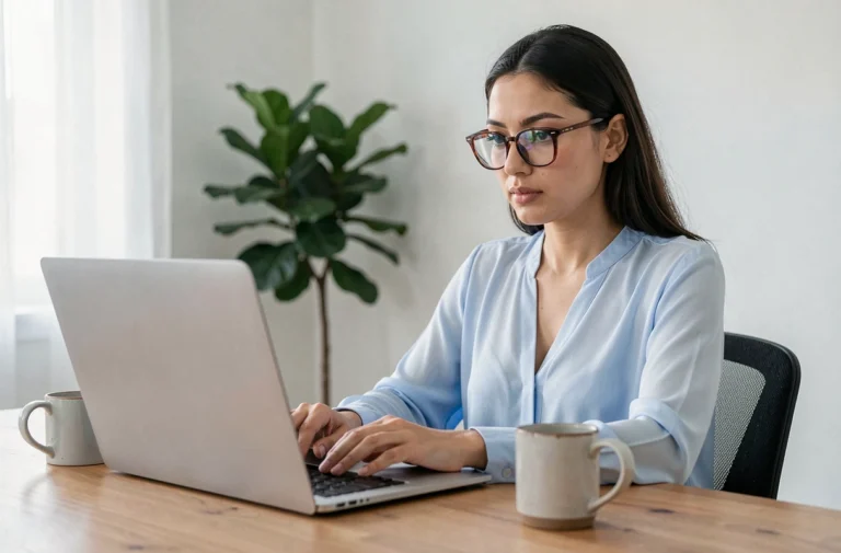 Femme connectée pour la première fois sur le portail Orchestra depuis son bureau à domicile