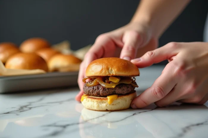 Mains assemblant un mini hamburger maison sur un plan de travail en marbre lors de la préparation à l'avance