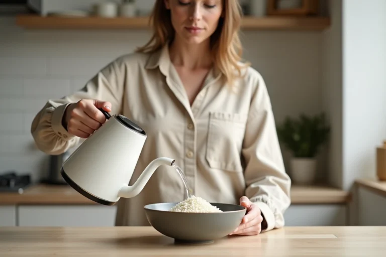 Femme versant de l'eau chaude d'une bouilloire électrique dans un bol de riz blanc, cuisine minimaliste moderne