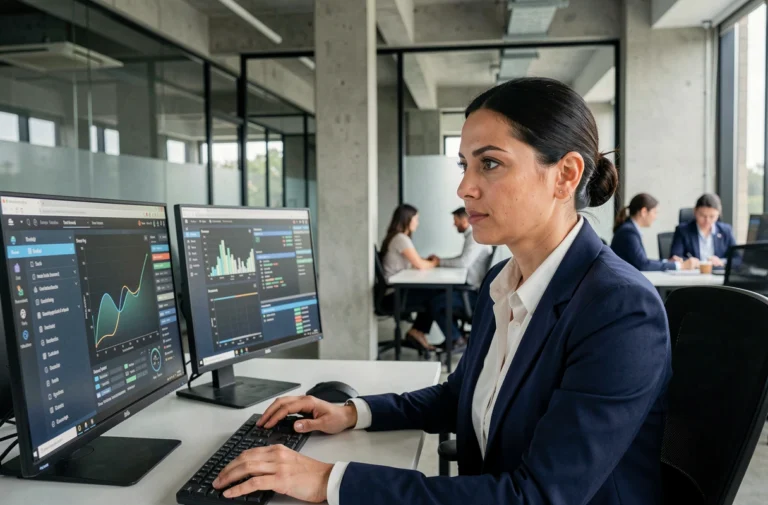 Professionnelle en cybersécurité analysant des tableaux de bord de sécurité réseau sur des écrans doubles dans un bureau moderne