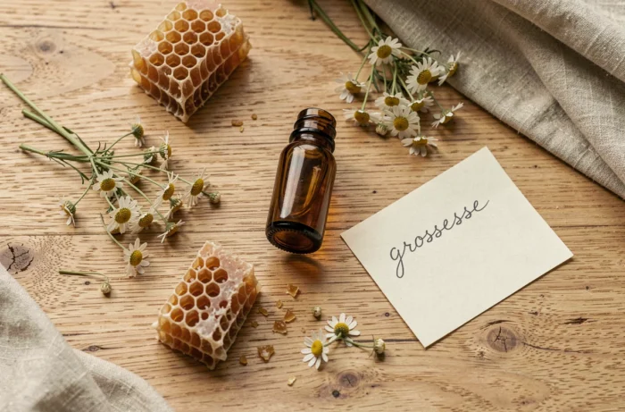 Mise à plat de propolis brute, miel et fleurs séchées sur bois clair illustrant les remèdes naturels pendant la grossesse