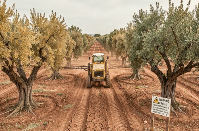 Pulvérisateur d'herbicide dans une oliveraie espagnole avec panneau d'avertissement sur les dangers du Roundup Ultra Plus