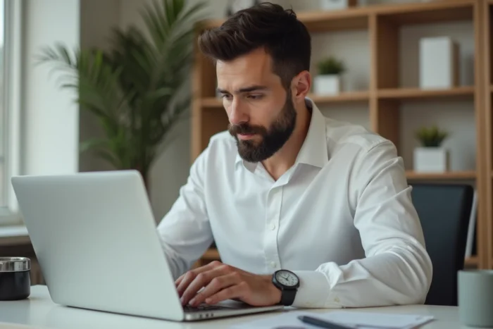 Homme professionnel rédigeant un email important sur un ordinateur portable dans un bureau moderne