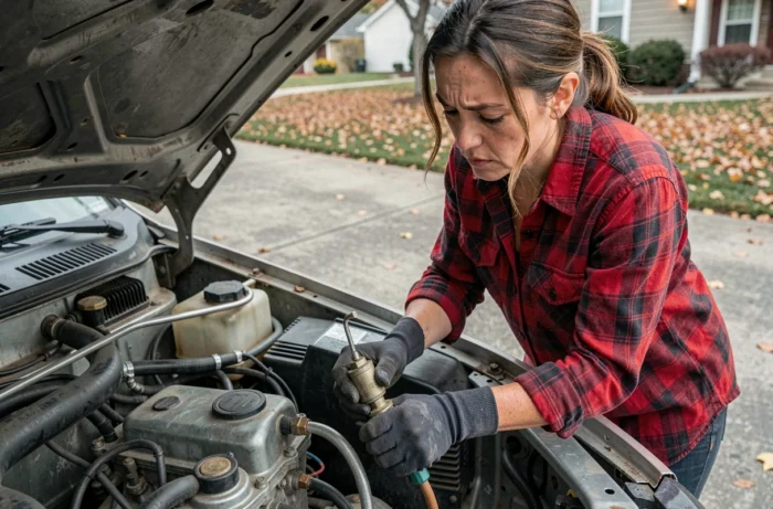 Femme remplaçant un robinet d'essence sur une voiture ancienne dans une allée résidentielle
