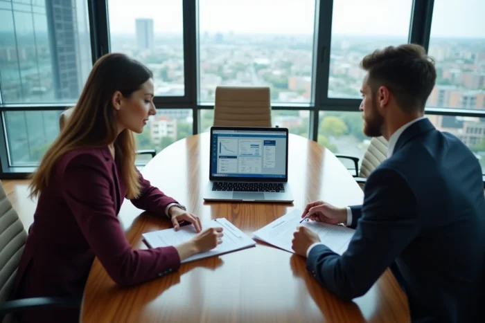Deux professionnels de la copropriété analysant les fonctionnalités d'un portail syndic lors d'une réunion de travail